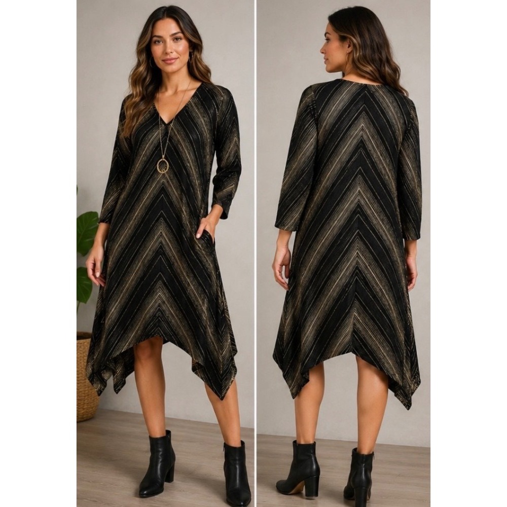 Soma Live Lounge Wear Black Gold Metallic Chevron Handkerchief Hem Dress Medium